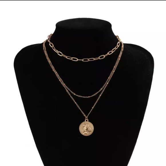 18K GOLD PLATED MULTI LAYERED CHOKER PENDANT NECKLACE - Picture 2 of 2